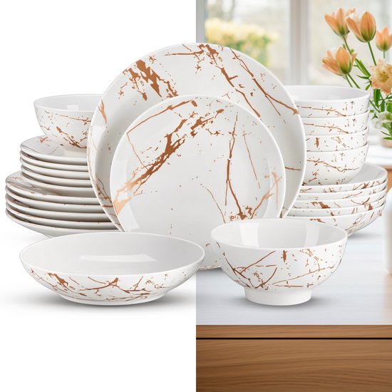 Luxe Serviesset – 24 delig – 6 persoons – Porselein - Bordenset – Dinner platen – Dessertborden - Kommen - Pastabord - Wit