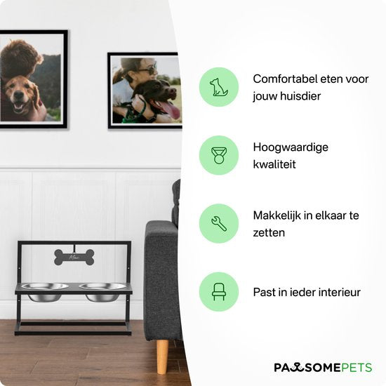 Pawsomepets Verhoogde Hondenvoerbak – 3 Hoogtes Verstelbaar – Drinkbak Hond – Eetbak met Standaard - Zwart