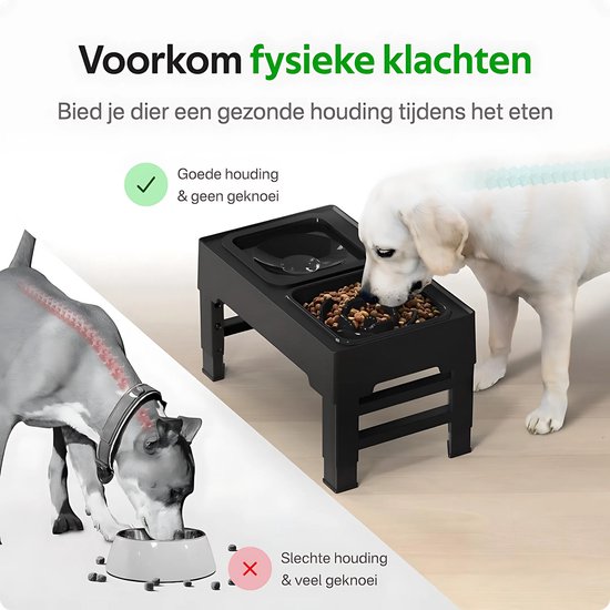 Pawsomepets Verhoogde Anti Schrokbak Hond - Anti Knoei Drinkbak - 4 Hoogtes Verstelbaar – Hondenvoerbak met Standaard - Slow Feeder - Zwart