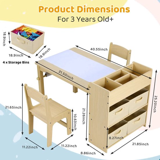 Kindertafel - Met Stoelen en Opbergplanken - Papierrolhouder - Minimalistisch Modern - Houten Ambachtelijke Tafel