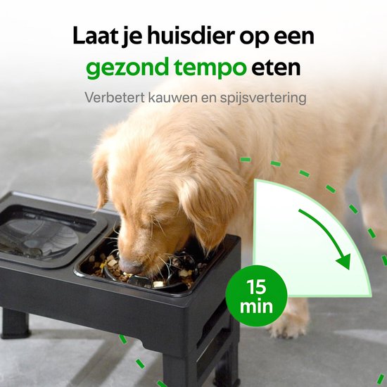 Pawsomepets Verhoogde Anti Schrokbak Hond - Anti Knoei Drinkbak - 4 Hoogtes Verstelbaar – Hondenvoerbak met Standaard - Slow Feeder - Zwart