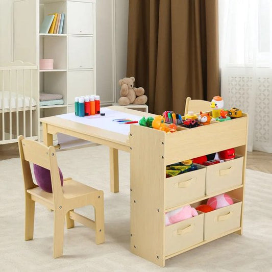 Kindertafel - Met Stoelen en Opbergplanken - Papierrolhouder - Minimalistisch Modern - Houten Ambachtelijke Tafel