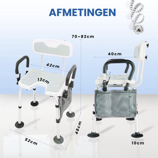 Seniove® Douchestoel Met Afneembare Armleuning - XXL Antislip - In Hoogte Verstelbaar - Incl. Zeepzakje & Kophouder