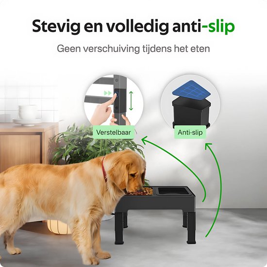 Pawsomepets Verhoogde Anti Schrokbak Hond - Anti Knoei Drinkbak - 4 Hoogtes Verstelbaar – Hondenvoerbak met Standaard - Slow Feeder - Zwart