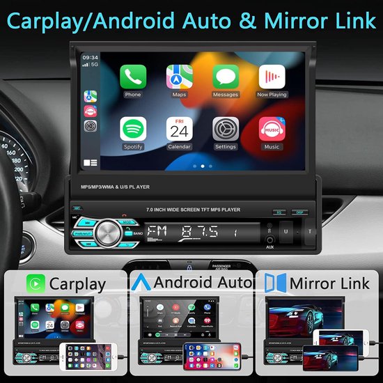 Autoradio 1 DIN – Autostereo – 1 Din Autoradio – Auto Radio – Multimediaspeler – 7 Inch HD-touchscreen – Carplay & Android Auto – Met Mirror Link & Achteruitrijcamera