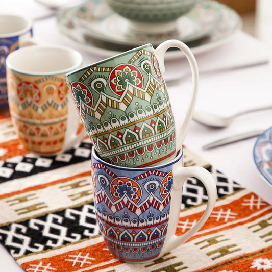 Serviesset 16 Delig - Bohemian Mandala Patroon - Turquoise, Blauw en geel - Porselein Servies Set - Met Diner bord, Dessert bord, kom en Mok -