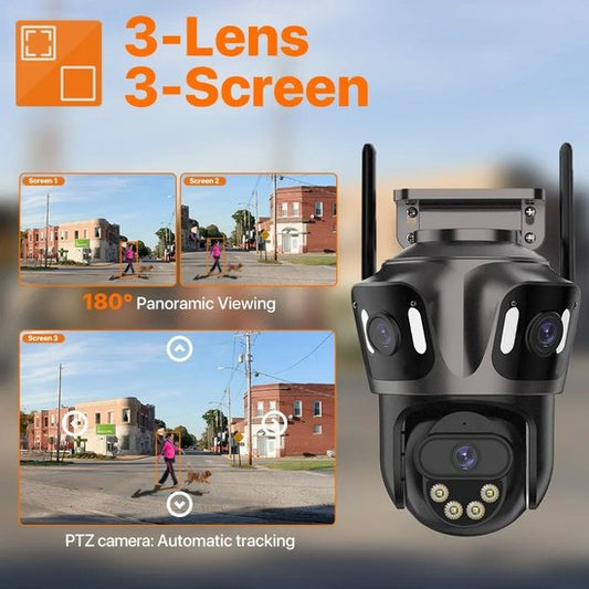 Beveiligingscamera Buiten - Buiten Camera met Nachtzicht - Drie Lens Design - 360° Auto Tracking - Inclusief 64GB SD - Zwart
