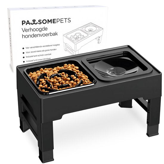 Pawsomepets Verhoogde Anti Schrokbak Hond - Anti Knoei Drinkbak - 4 Hoogtes Verstelbaar – Hondenvoerbak met Standaard - Slow Feeder - Zwart