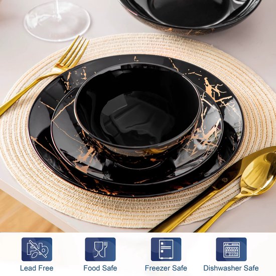 Luxe Serviesset – 24 delig – 6 persoons – Porselein - Bordenset – Dinner platen – Dessertborden - Kommen - Pastabord - Zwart - Luxe Servies