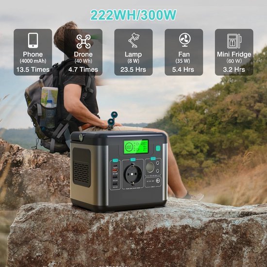 Draagbare Powerstation – Mobiele Accu – Camping Generator – Zonne-Accu – 300W Continue Vermogen – LED Lamp Met SOS