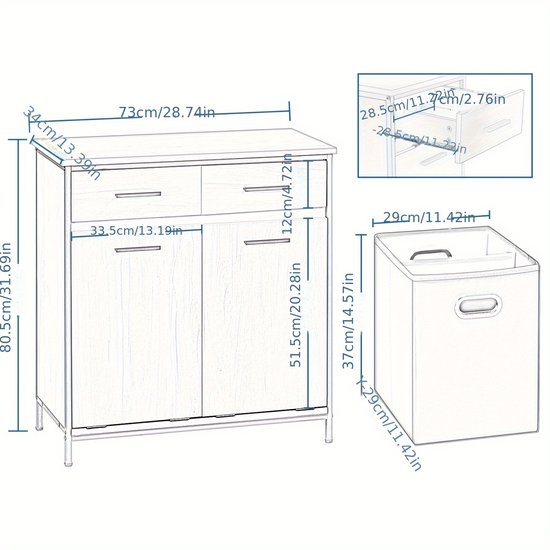 Wasmand Kast 4 Vakken – Wassorteerder met 2 Waszakken & 2 Lades – Licht Eiken