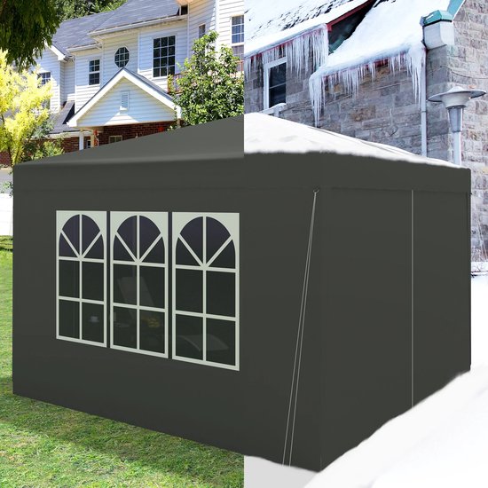 Partytent - Paviljoen - Opvouwbare Luifel - Tuin tent - Waterdicht - Uv Bescherming - met Draagtas - Pavillon - Prieel - Zijpanelen - 3x3m - Grijs