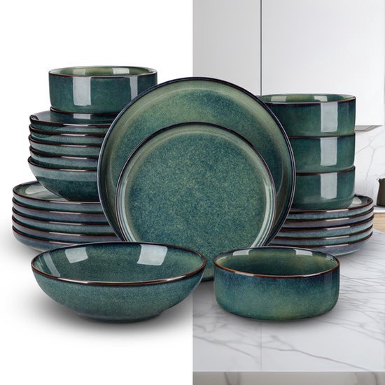 Luxe Serviesset – 24 delig – 6 persoons – Porselein - Bordenset – Dinner platen – Dessertborden - Kommen - Pastabord - Groen - Deluxe