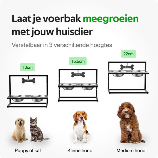 Pawsomepets Verhoogde Hondenvoerbak – 3 Hoogtes Verstelbaar – Drinkbak Hond – Eetbak met Standaard - Zwart