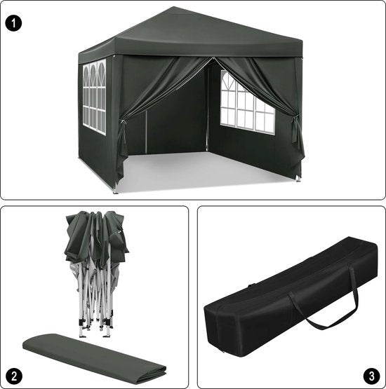 Partytent - Paviljoen - Opvouwbare Luifel - Tuin tent - Waterdicht - Uv Bescherming - met Draagtas - Pavillon - Prieel - Zijpanelen - 3x3m - Grijs