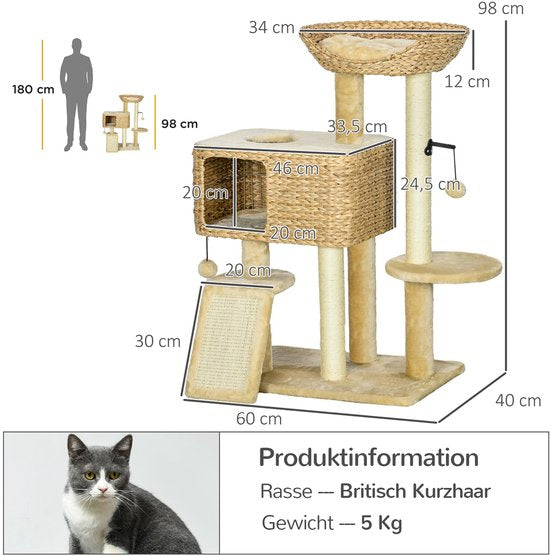 Krabpaal – Kattenkrabpaal – Kattenboom – Krabmeubel – Kattenhuis – Sisal Touw – Compact 60x40x98 cm – Inclusief Kattenhol en Ligbed