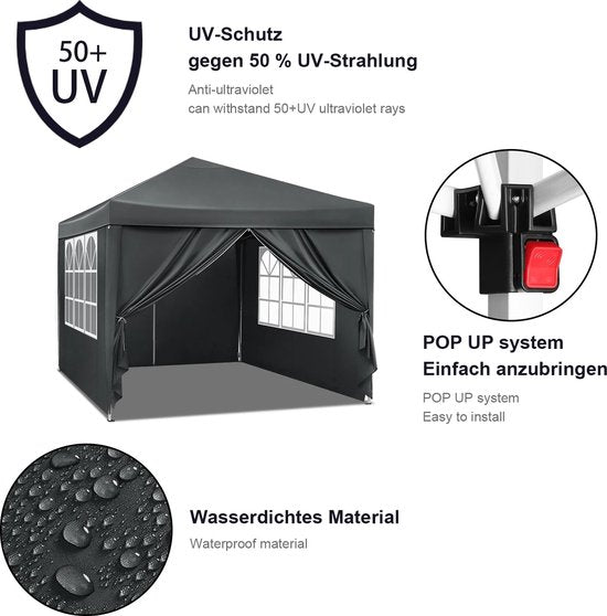 Partytent - Paviljoen - Opvouwbare Luifel - Tuin tent - Waterdicht - Uv Bescherming - met Draagtas - Pavillon - Prieel - Zijpanelen - 3x3m - Grijs