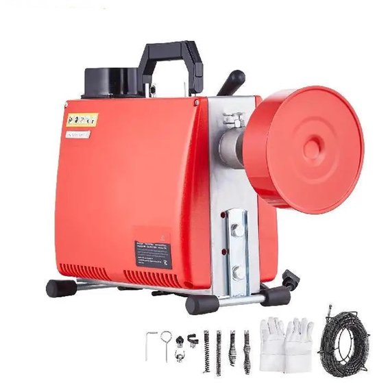 Elektrische Afvoerreiniger - Ontstoppingsveer - Afvoerontstopper - Rioolreinigersveer - Pijpreiniger - 250W - Rioolontstopper - Ontstoppingsmachine met Handmatige Doorvoer - 7 Freeskoppen & 2 Stalen Kabels - voor Verstopte Afvoeren in Huis