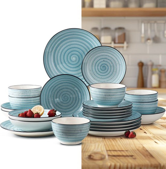 Luxe Serviesset – 24 delig – 6 persoons – Porselein - Bordenset – Dinner platen – Dessertborden - Kommen - Mokken - Schaaltjes - Blauw