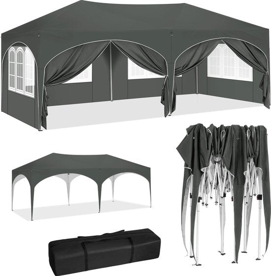 Partytent - Paviljoen - Opvouwbare Luifel - Tuin tent - Waterdicht - Uv Bescherming - met Draagtas - Prieel - Zijpanelen - 6x3m - Grijs