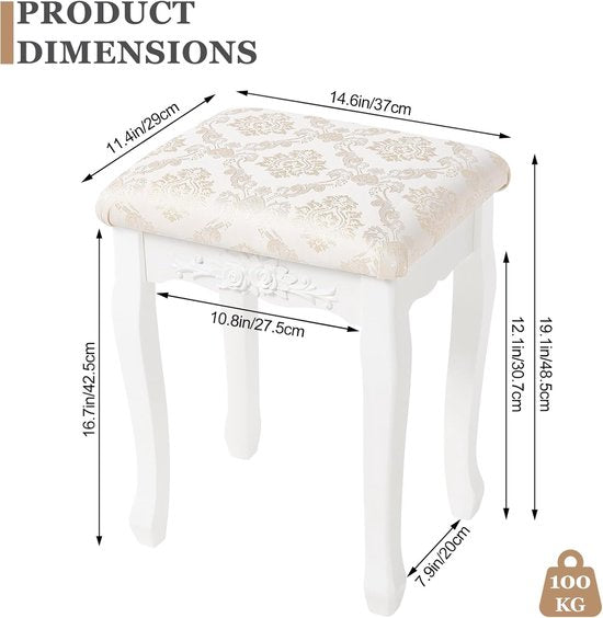 Poef Kruk voor Make-Up Kaptafel Stoel Comfortabele Barokke Stijl Wit