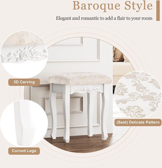 Poef Kruk voor Make-Up Kaptafel Stoel Comfortabele Barokke Stijl Wit