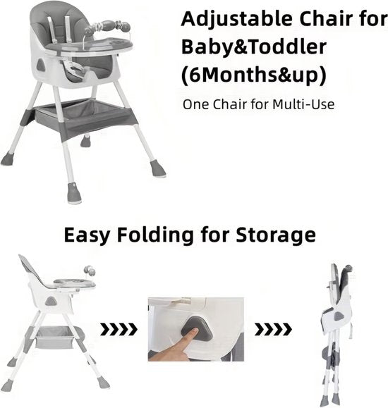 Kinderstoel - Babystoel - Baby stoel - Baby eetstoel - babystoel voor aan tafel - Opvouwbaar - Verstelbaar - Met speelboog - Grijs
