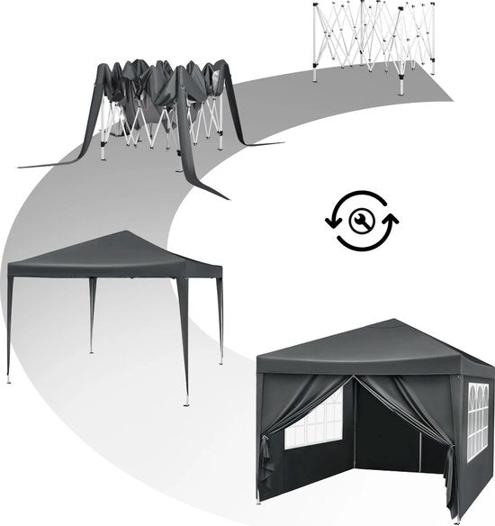 Partytent - Paviljoen - Opvouwbare Luifel - Tuin tent - Waterdicht - Uv Bescherming - met Draagtas - Pavillon - Prieel - Zijpanelen - 3x3m - Grijs