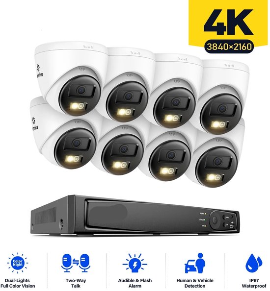 Beveiligingsset – 8-kanaals Camera Installatieset – Video Bewaking – 4K Beveiliging – 8MP Camera’s – Mens- En Voertuigdetectie - Ingebouwde HDD: 4T