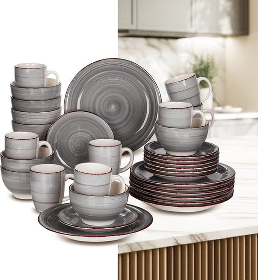 Luxe Serviesset – 32 delig – 8 persoons – Porselein - Bordenset – Dinner platen – Dessertborden - Kommen - Mokken - Schaaltjes - Grijs