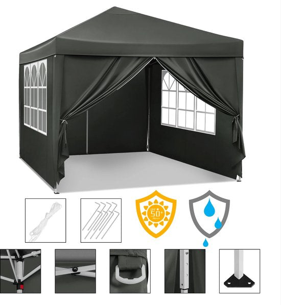 Partytent - Paviljoen - Opvouwbare Luifel - Tuin tent - Waterdicht - Uv Bescherming - met Draagtas - Pavillon - Prieel - Zijpanelen - 3x3m - Grijs