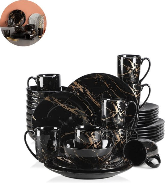 Terug Terug      Home      Koken & Tafelen      Servies      Serviessets  Luxe Serviesset – 32 delig – 8 persoons - Bordenset – Dinner platen – Dessertborden - Kommen - Mokken - Schaaltjes - Zwart