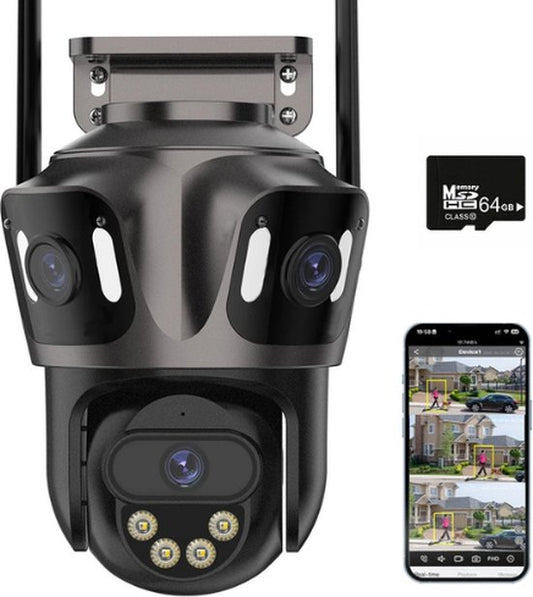 Beveiligingscamera Buiten - Buiten Camera met Nachtzicht - Drie Lens Design - 360° Auto Tracking - Inclusief 64GB SD - Zwart