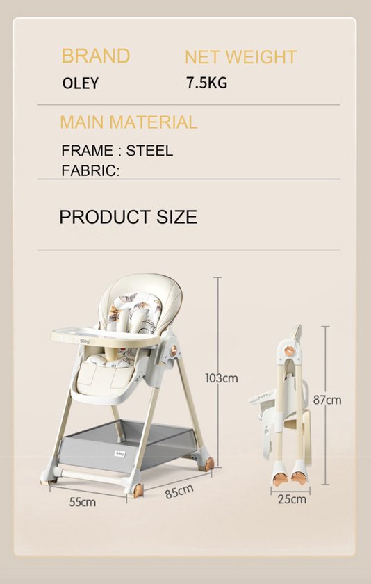 Kinderstoel - Babystoel - Baby stoel - Baby eetstoel - babystoel voor aan tafel - Met wieltjes - Kantelbaar - Opvouwbaar - PU Leer - Blauw