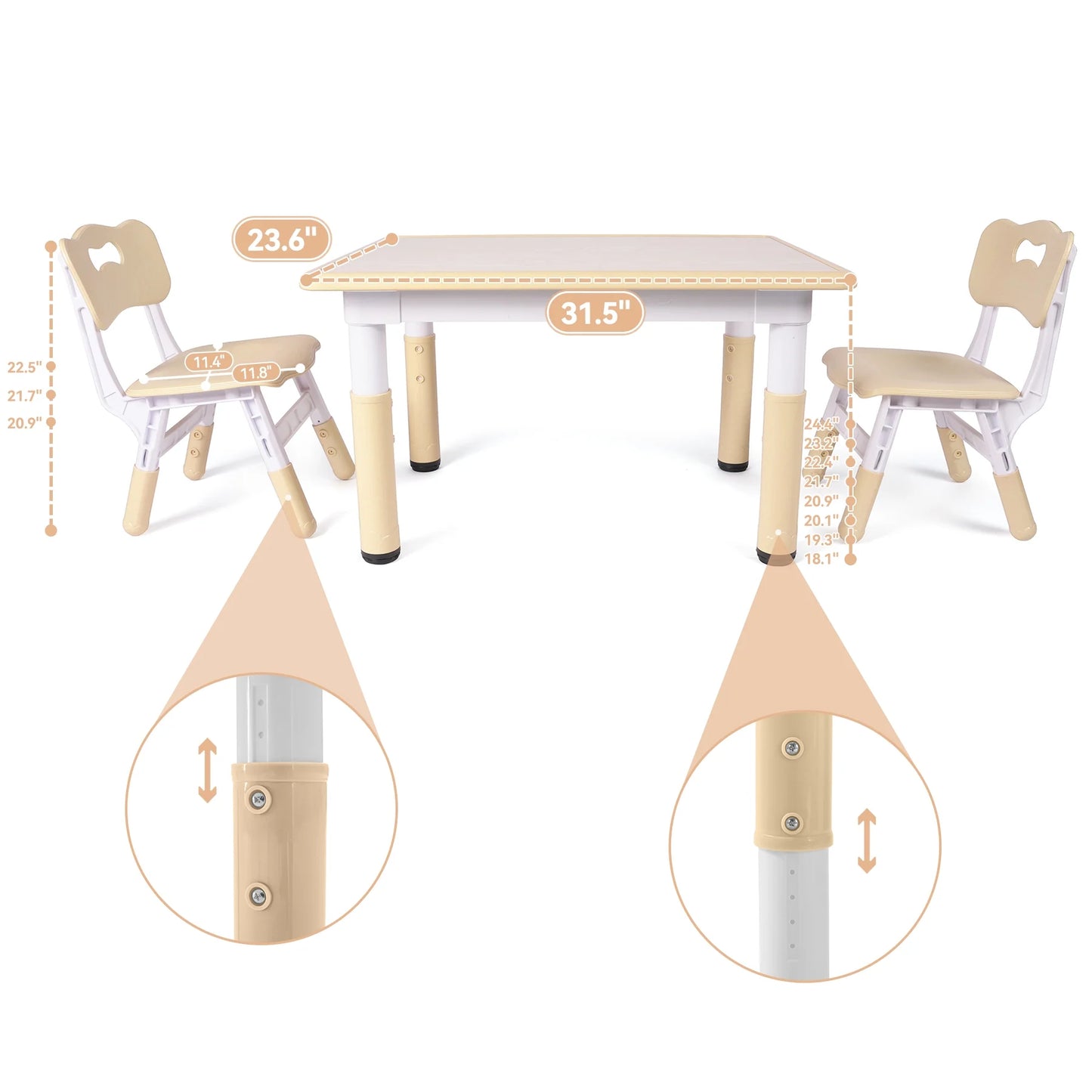 Kindertafel - Kinder tafel met stoelen - Speeltafel - Tekentafel - Set van tafel en stoelen - Kunststof - Hoogte verstelbaar - Beige - 60x60cm