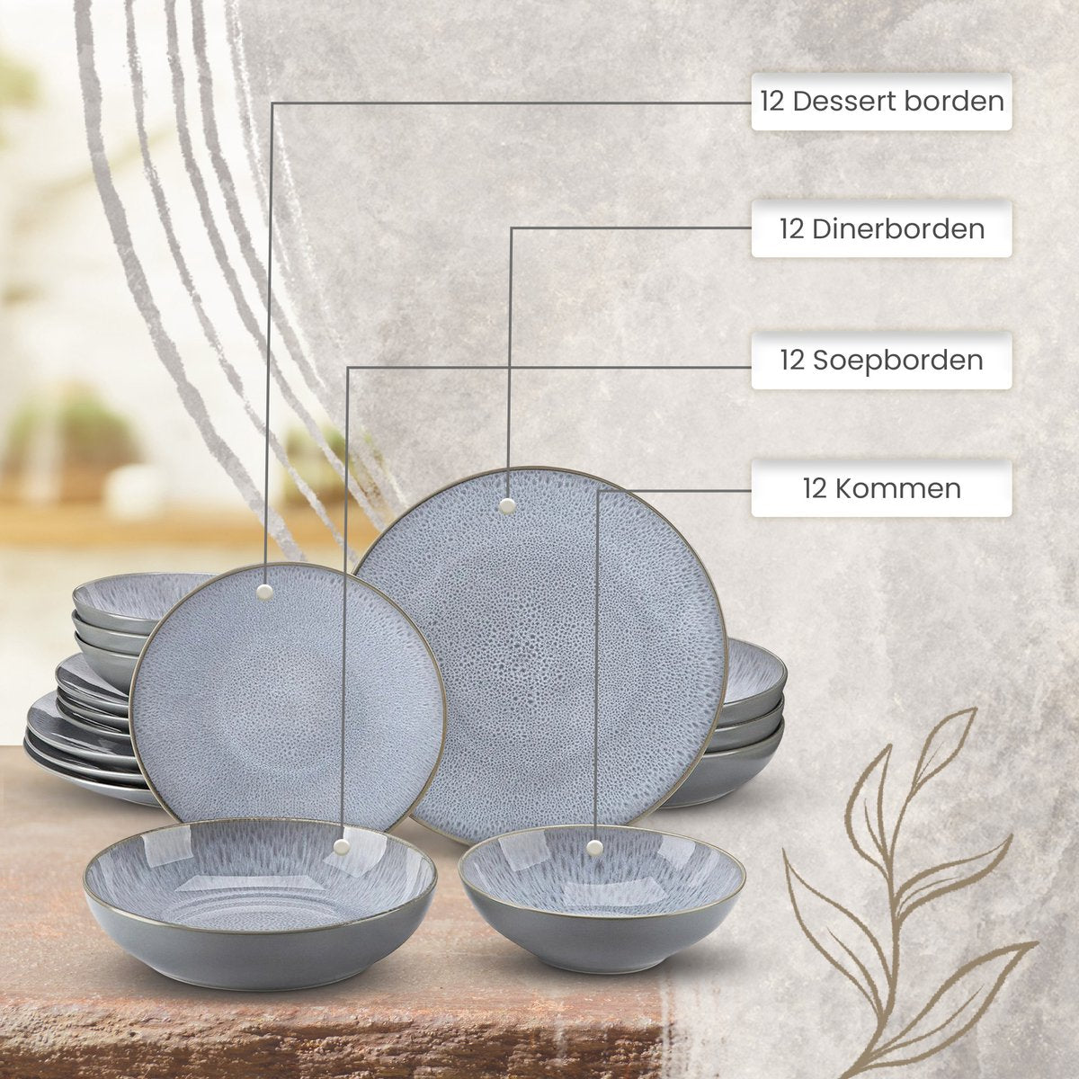 Luxe Serviesset – 48 delig – 12 persoons – Porselein - Bordenset – Dinner platen – Dessertborden - Kommen - Soepborden - Set - Grijs