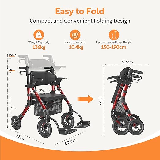 Lichtgewicht 2‑in‑1 Rolstoel & Rollator – Opvouwbaar - Rubberen Buitenbanden - Geschikt voor Alle Ondergronden