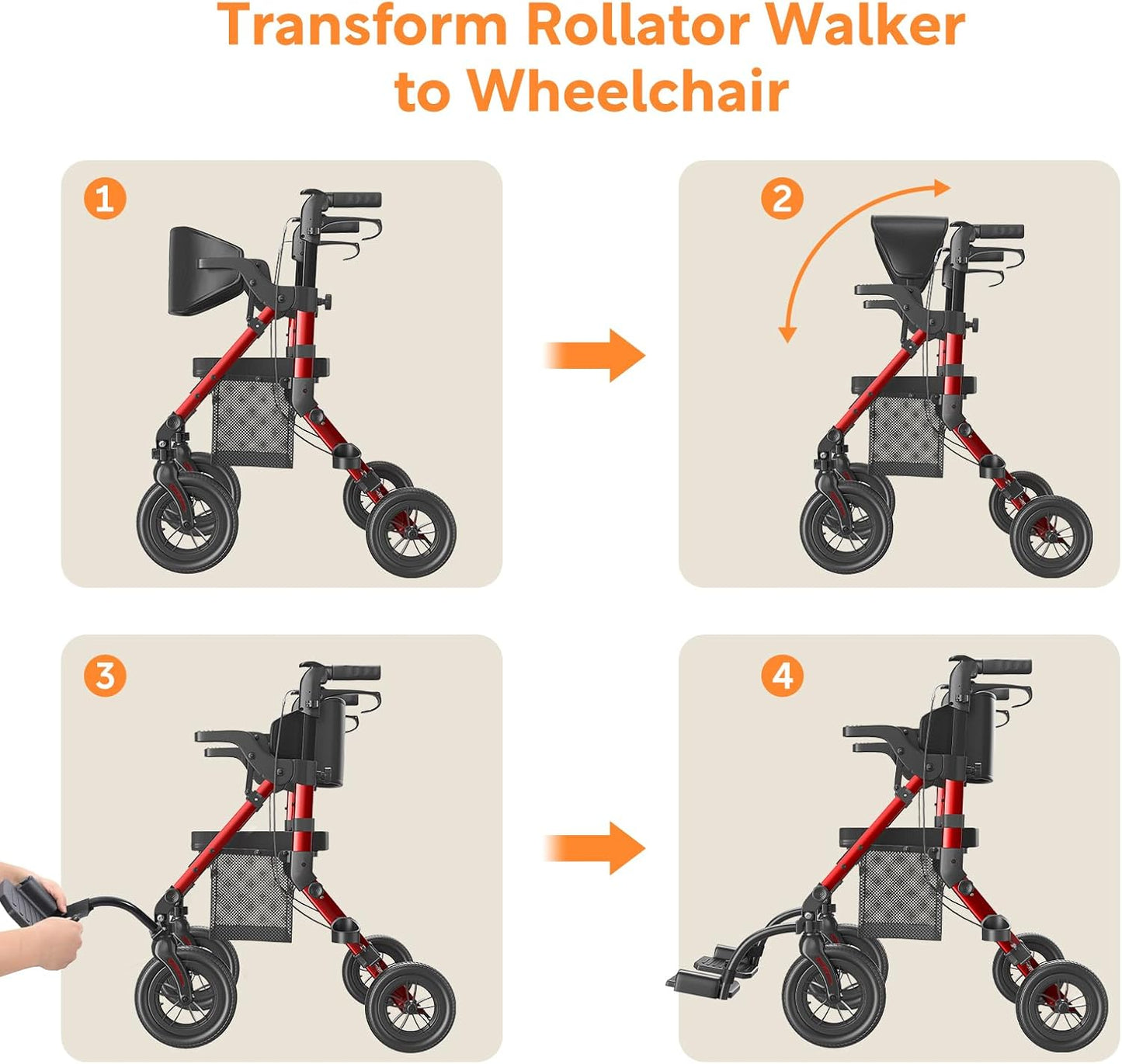 Lichtgewicht 2‑in‑1 Rolstoel & Rollator – Opvouwbaar - Rubberen Buitenbanden - Geschikt voor Alle Ondergronden