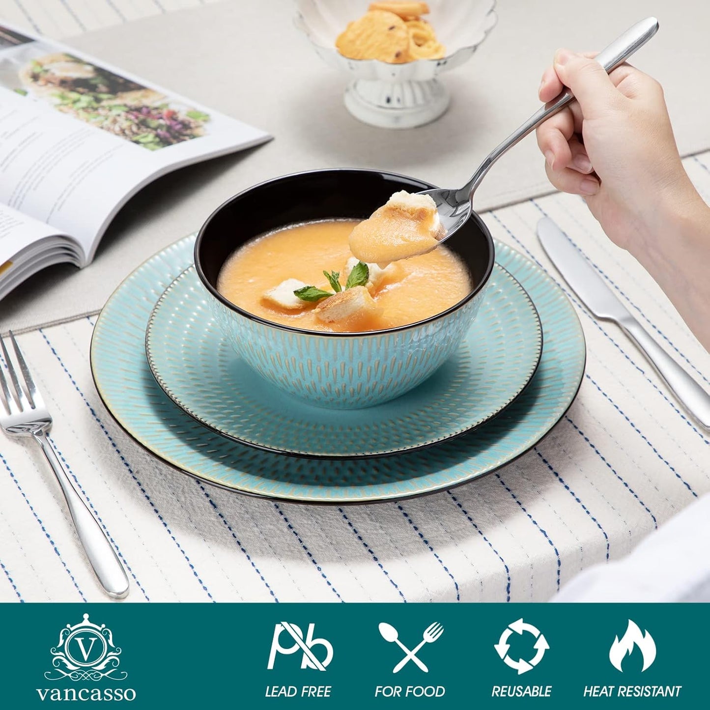 Serviesset groen - Keramisch - 12 borden groot - 12 borden klein - 12 kommen - 12 kopjes - 48 delig - Reliëf - Groen