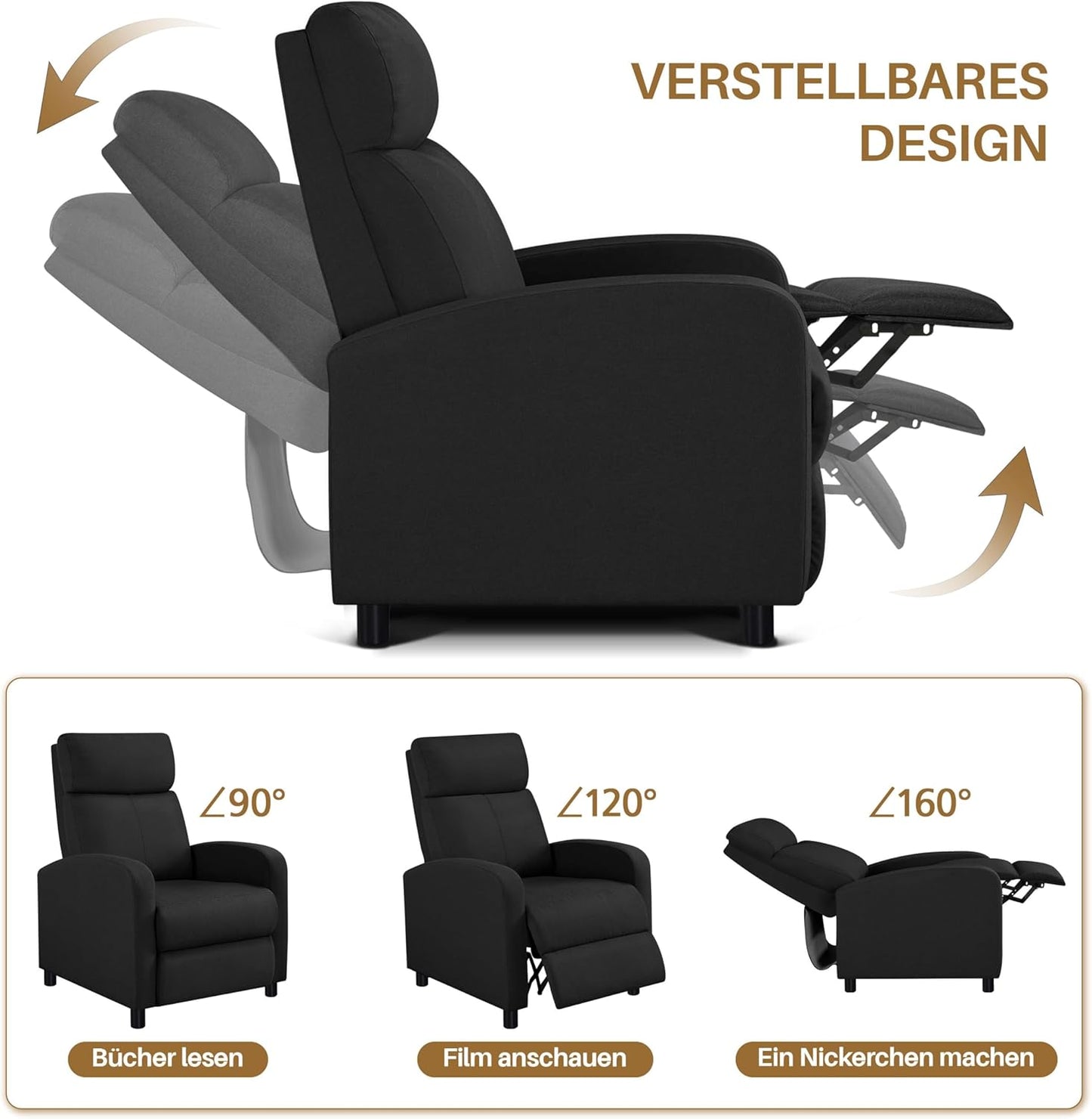 Relaxstoel Woonkamer – Verstelbare Rugleuning – Voetensteun – Lounge Stoel – Linnen Stof – Zwart