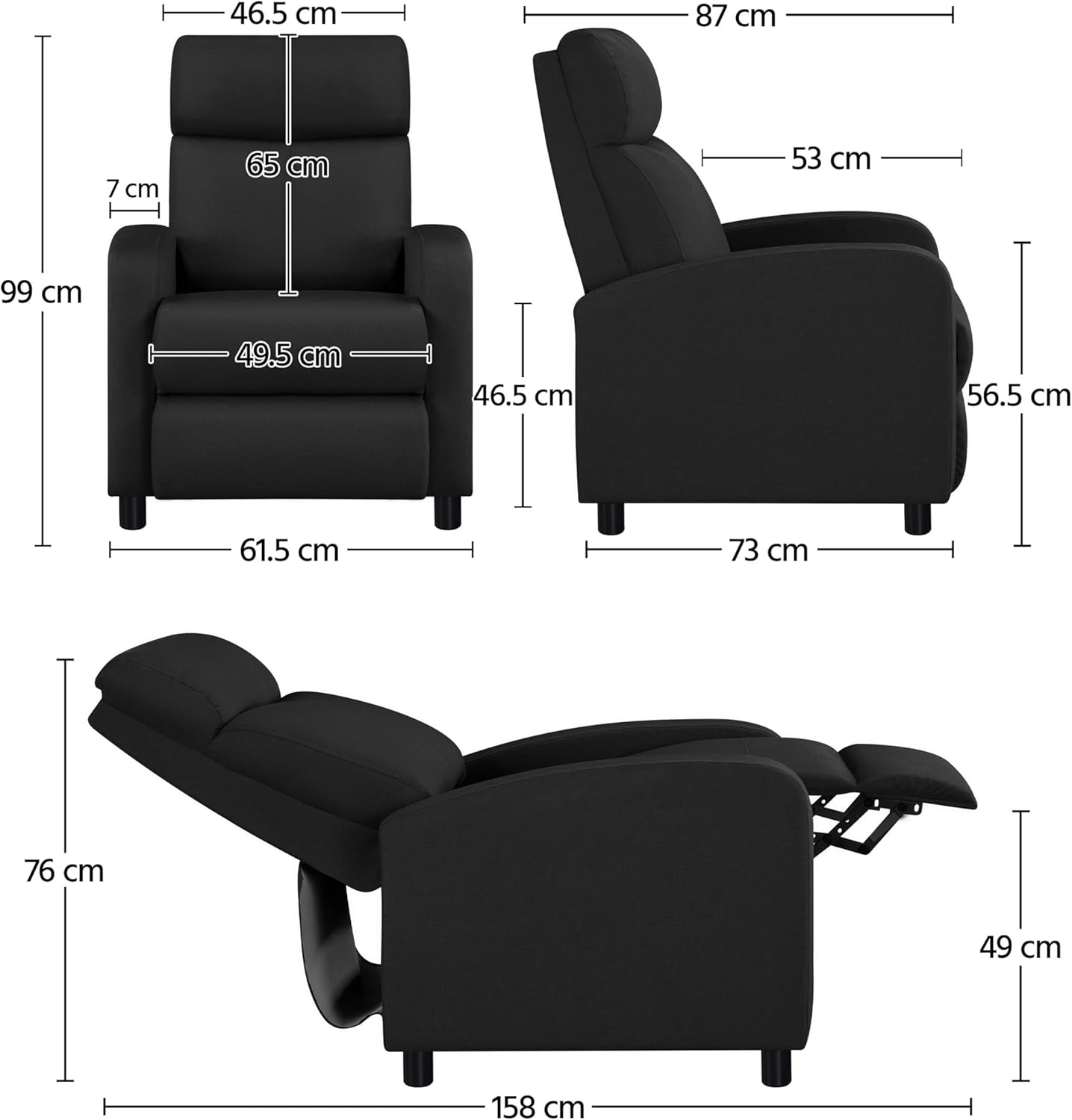 Relaxstoel Woonkamer – Verstelbare Rugleuning – Voetensteun – Lounge Stoel – Linnen Stof – Zwart