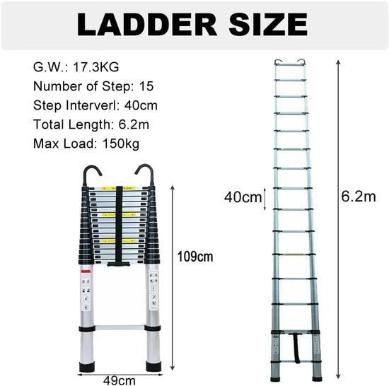 Uitschuifbare ladder 6.2 m – Telescopische vouwladder – Aluminium constructie – Antislip poten – Vergrendelbare treden – Inklapbaar ontwerp – Draagbaar – 150 kg draagvermogen – Met afneembare haken