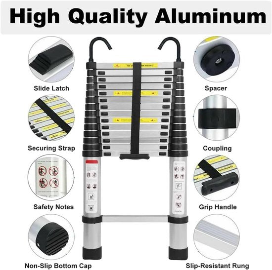 Uitschuifbare ladder 6.2 m – Telescopische vouwladder – Aluminium constructie – Antislip poten – Vergrendelbare treden – Inklapbaar ontwerp – Draagbaar – 150 kg draagvermogen – Met afneembare haken