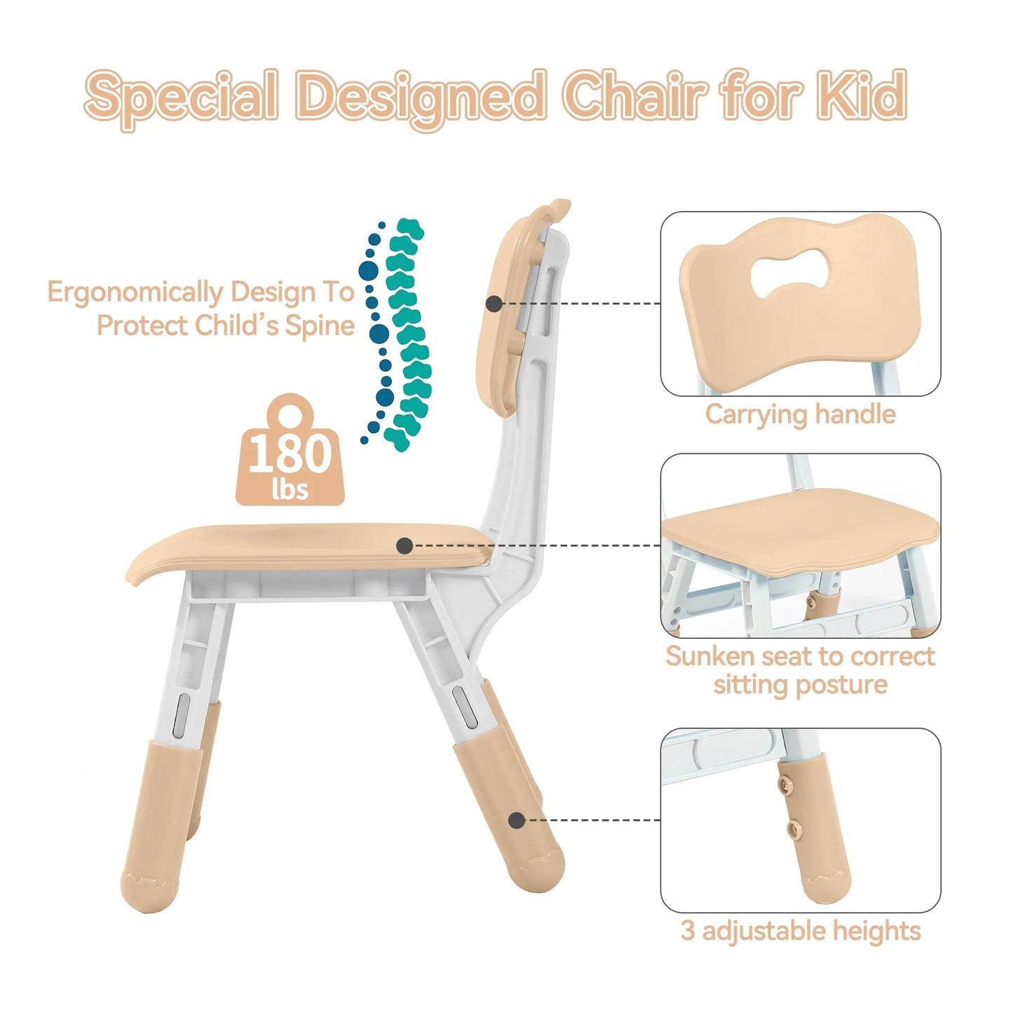 Kindertafel - Kinder tafel met stoelen - Speeltafel - Tekentafel - Set van tafel en stoelen - Kunststof - Hoogte verstelbaar - Beige - 60x60cm