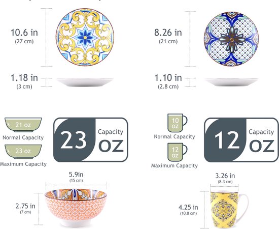 Keramieken serviesset - 32 delig - Kleurrijk servies - Jasmijn patroon - Multi colour