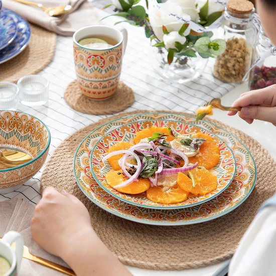 Serviesset 16 Delig - Bohemian Mandala Patroon - Turquoise, Blauw en geel - Porselein Servies Set - Met Diner bord, Dessert bord, kom en Mok -