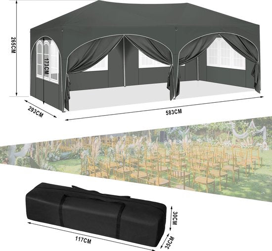 Partytent - Paviljoen - Opvouwbare Luifel - Tuin tent - Waterdicht - Uv Bescherming - met Draagtas - Prieel - Zijpanelen - 6x3m - Grijs