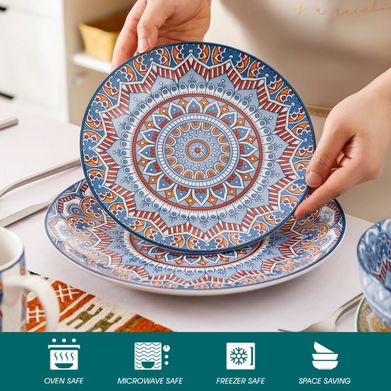 Serviesset 16 Delig - Bohemian Mandala Patroon - Turquoise, Blauw en geel - Porselein Servies Set - Met Diner bord, Dessert bord, kom en Mok -