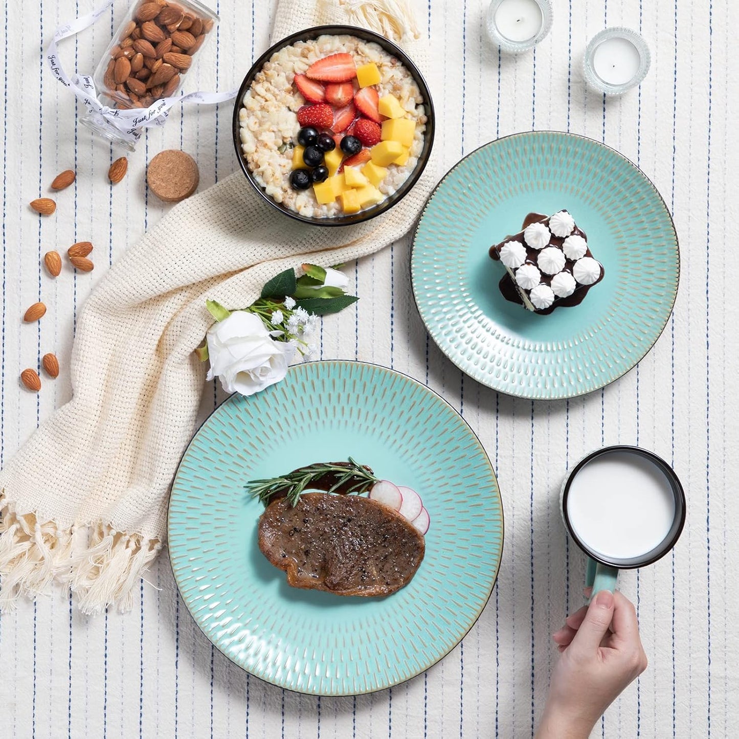 Serviesset groen - Keramisch - 12 borden groot - 12 borden klein - 12 kommen - 12 kopjes - 48 delig - Reliëf - Groen