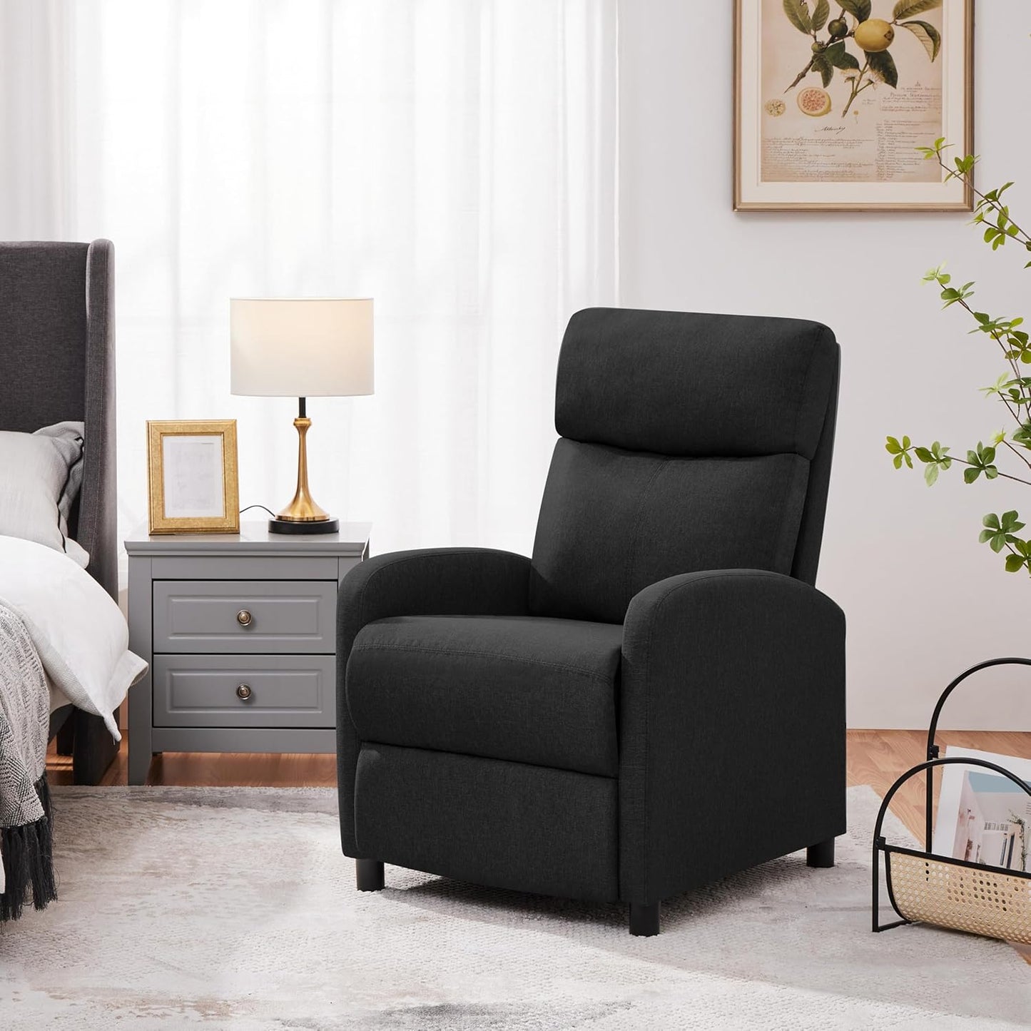 Relaxstoel Woonkamer – Verstelbare Rugleuning – Voetensteun – Lounge Stoel – Linnen Stof – Zwart